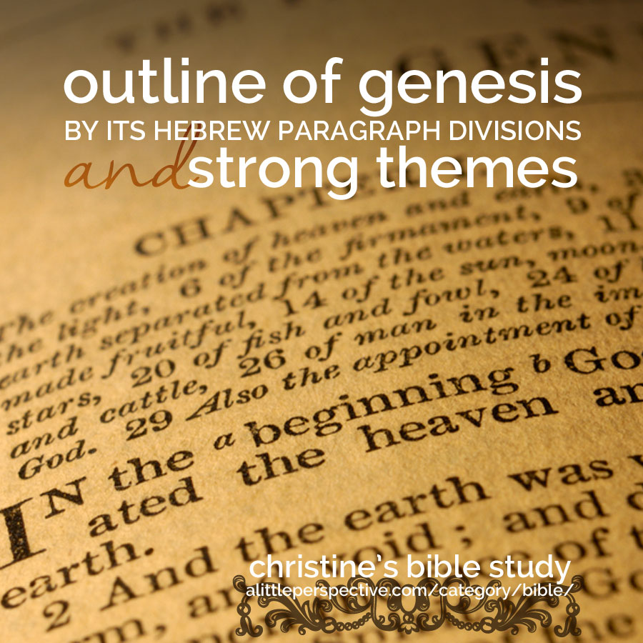 outline of genesis by its hebrew paragraph divisions and strong themes | christine's bible study at alittleperspective.com