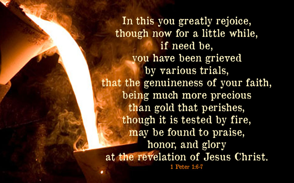 “In this you greatly rejoice, though now for a little while, if need be, you have been grieved by various trials, that the genuineness of your faith, being much more precious than gold that perishes, though it is tested by fire, may be found to praise, honor, and glory at the revelation of Jesus Christ.”