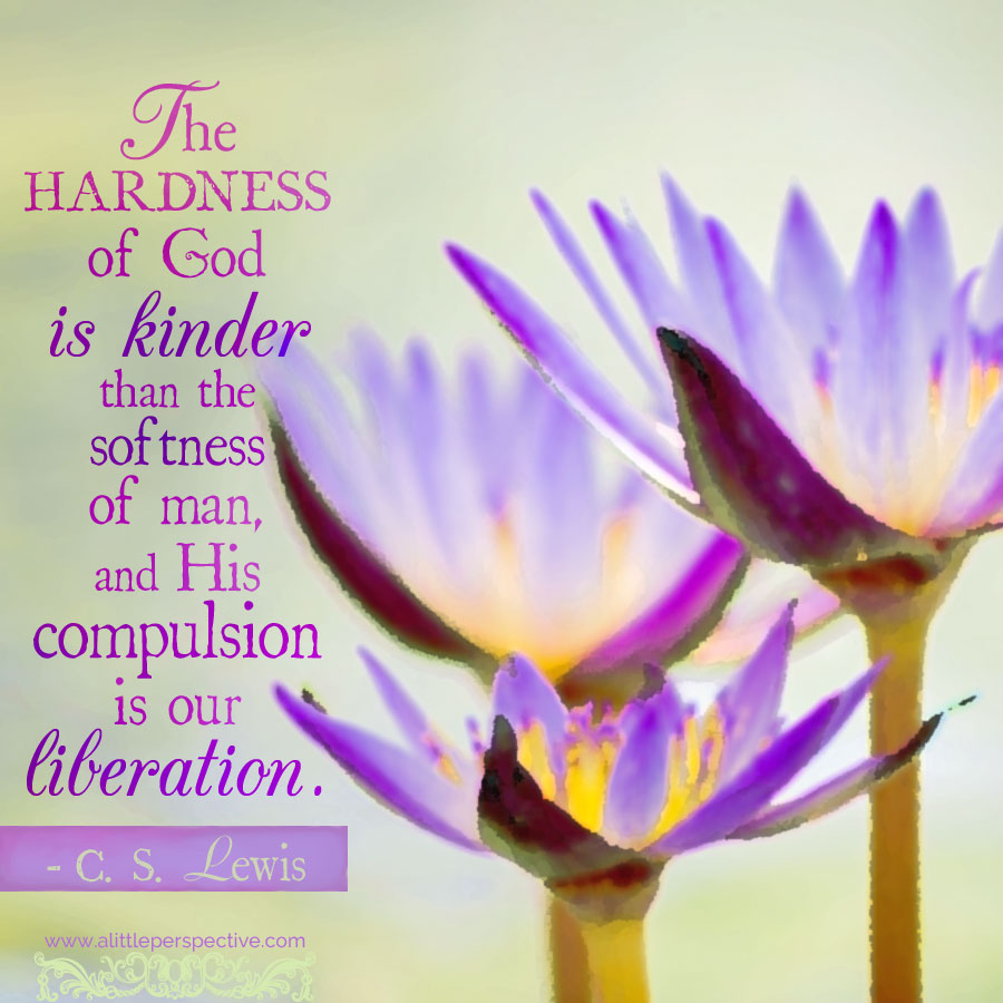 The hardness of God is kinder than the softness of men, and His compulsion is our liberation. C. S. Lewis | alittleperspective.com